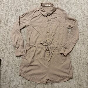 Copper Key Women's Small Taupe Long Sleeve Drawstring Waist Pocketed Romper